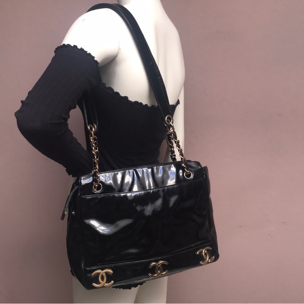 Chanel Vintage Black and Gold Shoulder Bag with Chain Strap